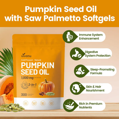 VivoNu Pumpkin Seed Oil with Saw Palmetto Capsules | Cold Pressed, Pure Virgin Oil, Essential Fatty Acids & Phytosterols | 300 SoftgelsSupports Hair, Urinary - Maple Wellness Supplements