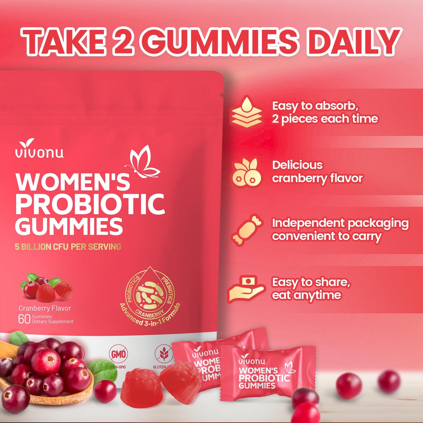 VivoNu Viginal Probiotics for Women, Women Probiotic Gummies, Feminine Balance Gummies, Prebiotic Gummy, Cranberry Probiotics for Woman Vaginigal Health, Yeast Ph Balance| 60 Gummies - Maple Wellness Supplements