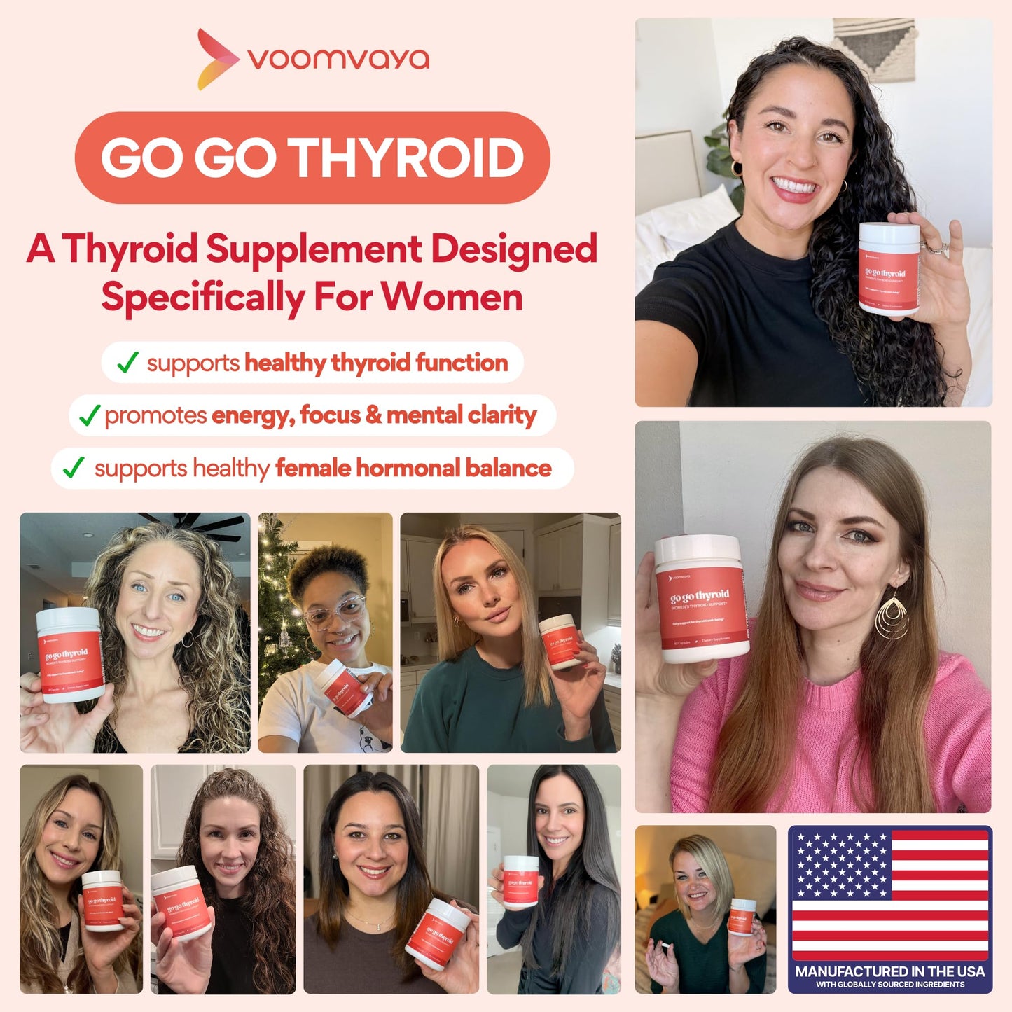 VoomVaya Go Go Thyroid - Thyroid Support for Women 30+ - Female-Focused Hormonal Balance & Thyroid Supplement with Iodine, Selenium & L Tyrosine - 3rd Party Tested - 60 Capsules - Maple Wellness Supplements
