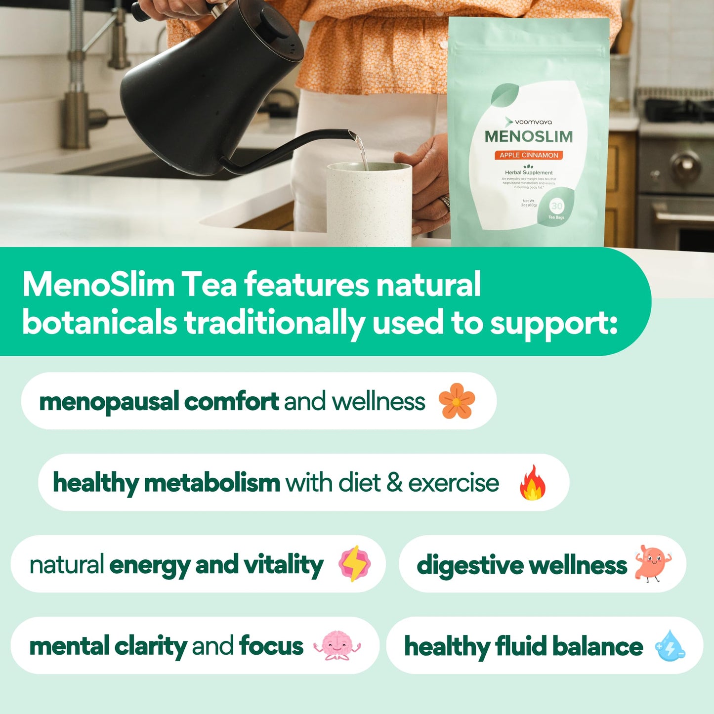 VoomVaya MenoSlim Tea – Menopause & Perimenopause Supplement for Women – Supports Healthy Metabolism & Overall Wellness – Acai Berry Flavor – 30 Tea Bags - Maple Wellness Supplements
