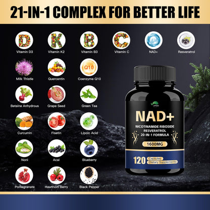 VPKIN NAD Supplement,1500mg NAD+ Supplement with Resveratrol,Nicotinamide,Quercetin,CoQ10,Support Energy & Repair, Vitality,Non-GMO, No Fillers(120 Capsules) - Maple Wellness Supplements