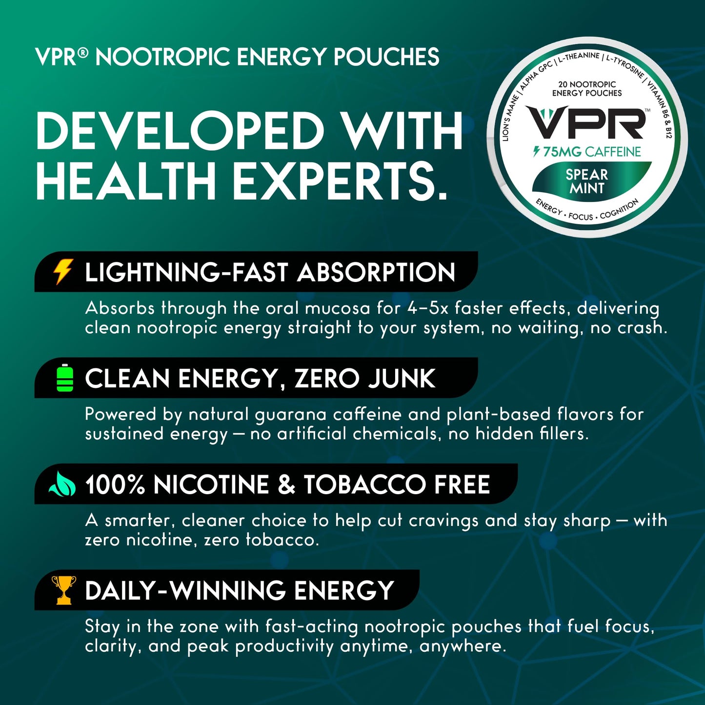 VPR 75MG Caffeine Nootropic Pouches | 20 Count Energy Pouches with Lion's Mane, Alpha-GPC, Vitamin B6 & B12, L-Theanine, and L-Tyrosine | Naturally Flavored Focus Pouches with No Sugar (Variety Pack) - Maple Wellness Supplements