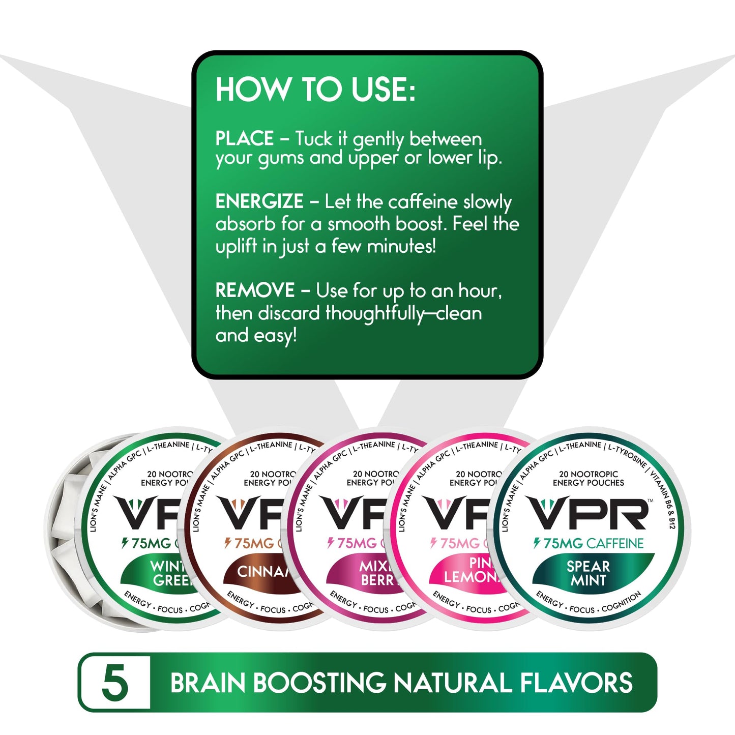 VPR 75MG Caffeine Nootropic Pouches | 20 Count Energy Pouches with Lion's Mane, Alpha-GPC, Vitamin B6 & B12, L-Theanine, and L-Tyrosine | Naturally Flavored Focus Pouches with No Sugar (Variety Pack) - Maple Wellness Supplements