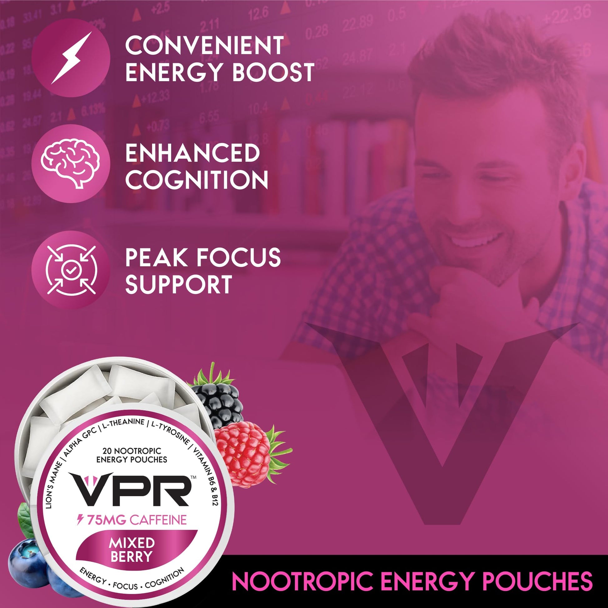 VPR 75MG Caffeine Nootropic Pouches | 20 Count Energy Pouches with Lion's Mane, Alpha-GPC, Vitamin B6 & B12, L-Theanine, and L-Tyrosine | Naturally Flavored Focus Pouches with No Sugar (Variety Pack) - Maple Wellness Supplements