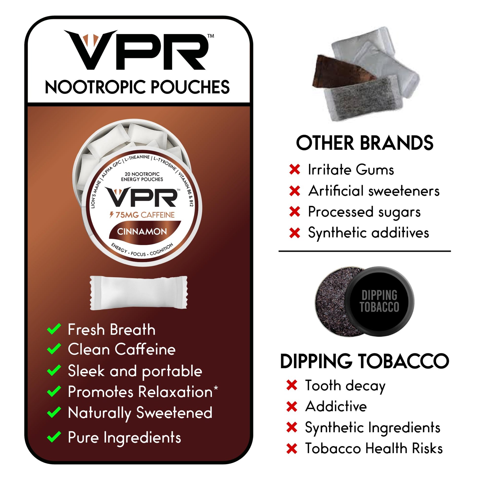 VPR 75MG Caffeine Nootropic Pouches | 20 Count Energy Pouches with Lion's Mane, Alpha-GPC, Vitamin B6 & B12, L-Theanine, and L-Tyrosine | Naturally Flavored Focus Pouches with No Sugar (Variety Pack) - Maple Wellness Supplements