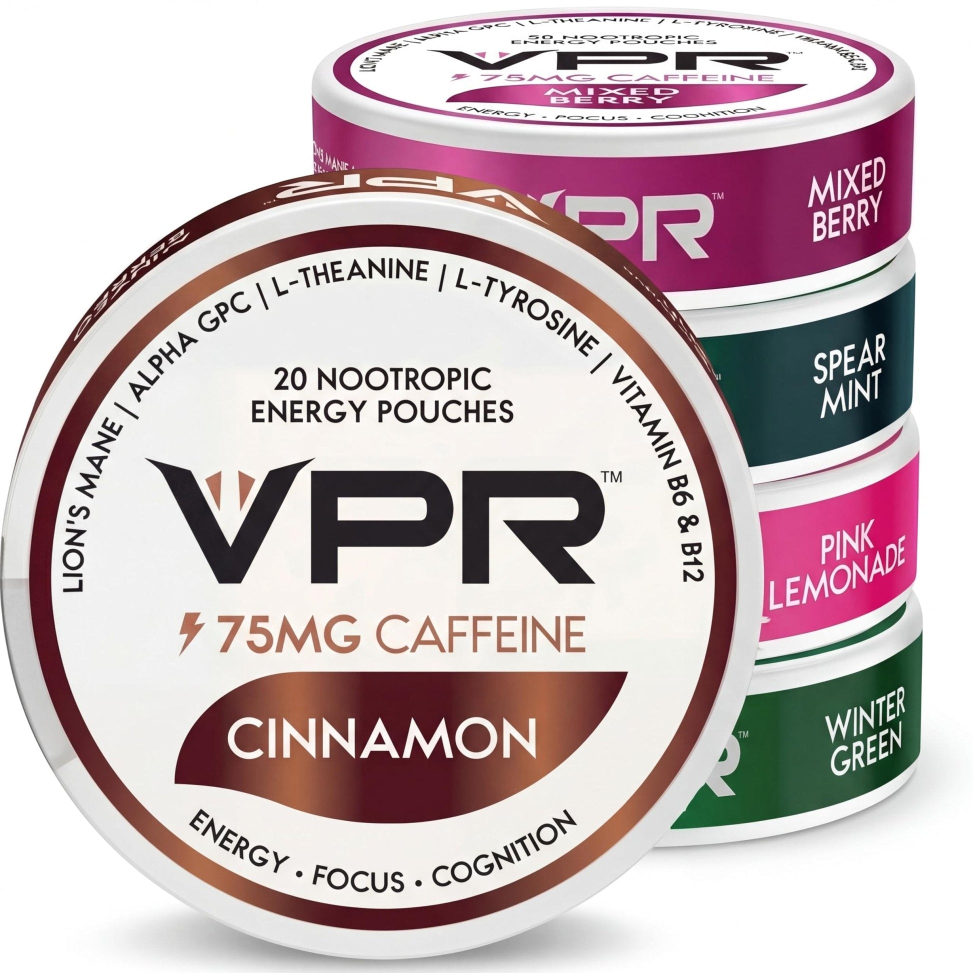 VPR 75MG Caffeine Nootropic Pouches | 20 Count Energy Pouches with Lion's Mane, Alpha-GPC, Vitamin B6 & B12, L-Theanine, and L-Tyrosine | Naturally Flavored Focus Pouches with No Sugar (Variety Pack) - Maple Wellness Supplements