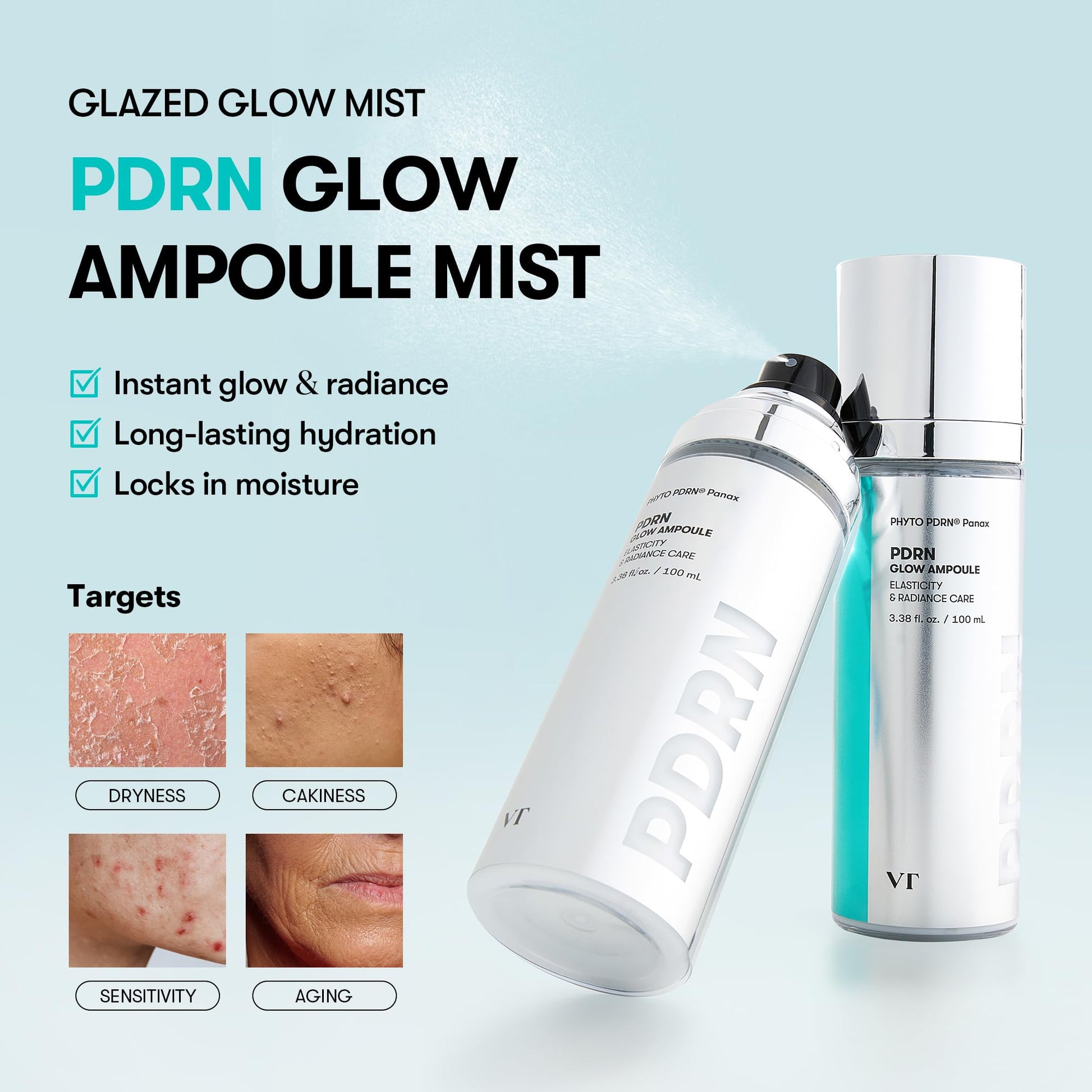VT COSMETICS PDRN Glow Ampoule, PDRN Facial Mist, Deep Hydration Spray Serum, Vegan Skin Care, Light-weight Face Moisturizer, Plumping Effect, Fragrance-Free, Korean SkinCare (3.38 fl oz / 100 ml) - Maple Wellness Supplements
