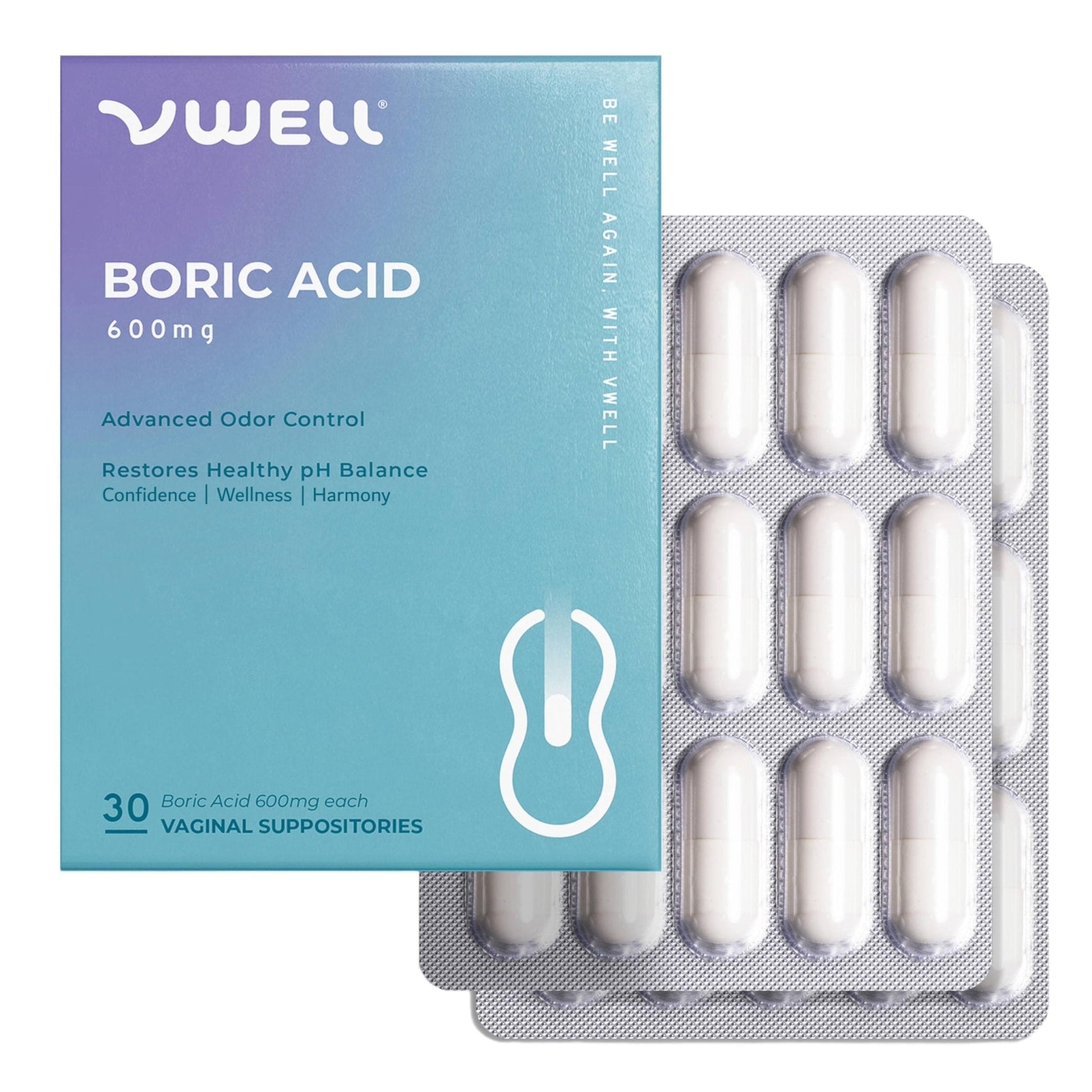 VWELL Boric Acid Vaginal Suppositories - Homeopathic Solution Maintains and Balances Healthy Vaginal pH & Microbiome Intimacy - Doctors Recommended (One Size, 30, Count) - Maple Wellness Supplements