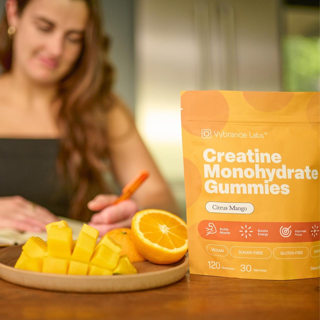 VYBRANCE LABS Creapure Creatine Gummies 5g + Taurine & B12 - Sugar-Free, Vegan, Gluten-Free - Citrus Mango - 120 Count (30 Servings) for Strength, Energy & Focus - Maple Wellness Supplements