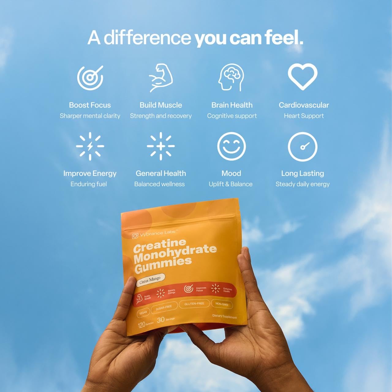 VYBRANCE LABS Creapure Creatine Gummies 5g + Taurine & B12 - Sugar-Free, Vegan, Gluten-Free - Citrus Mango - 120 Count (30 Servings) for Strength, Energy & Focus - Maple Wellness Supplements