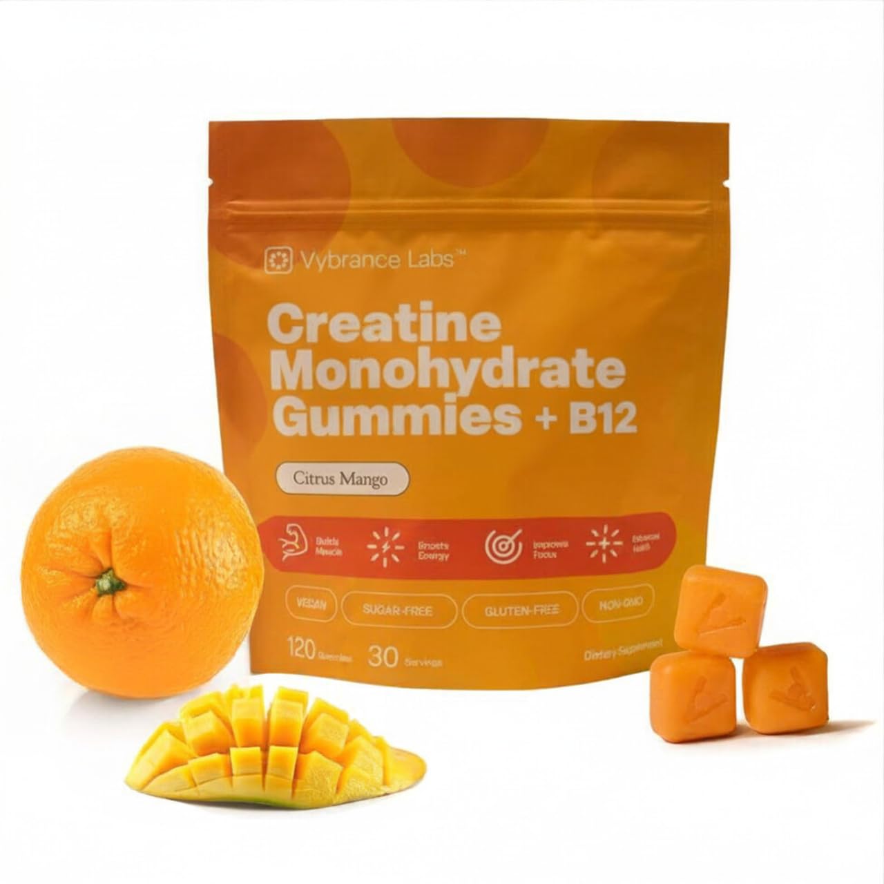 VYBRANCE LABS Creapure Creatine Gummies 5g + Taurine & B12 - Sugar-Free, Vegan, Gluten-Free - Citrus Mango - 120 Count (30 Servings) for Strength, Energy & Focus - Maple Wellness Supplements