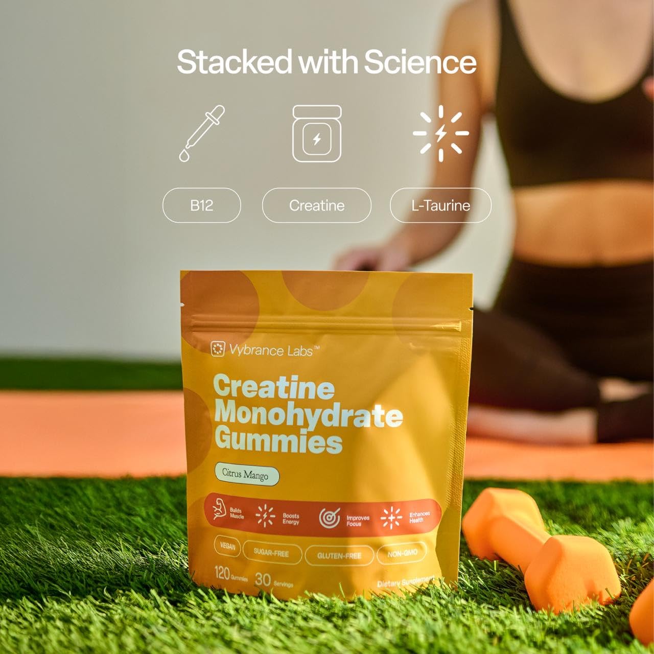 VYBRANCE LABS Creapure Creatine Gummies 5g + Taurine & B12 - Sugar-Free, Vegan, Gluten-Free - Citrus Mango - 120 Count (30 Servings) for Strength, Energy & Focus - Maple Wellness Supplements