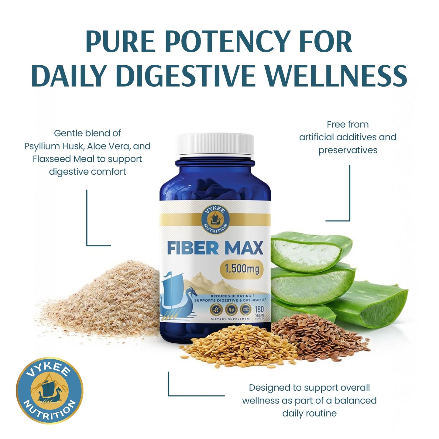 Vykee Nutrition Advanced Fiber Complex – Psyllium Husk, Aloe Vera, Chia & Flax Seed | Vegan, Non-GMO | Supports Digestive Health, Regularity & Gut Wellness | 180 Capsules - Maple Wellness Supplements