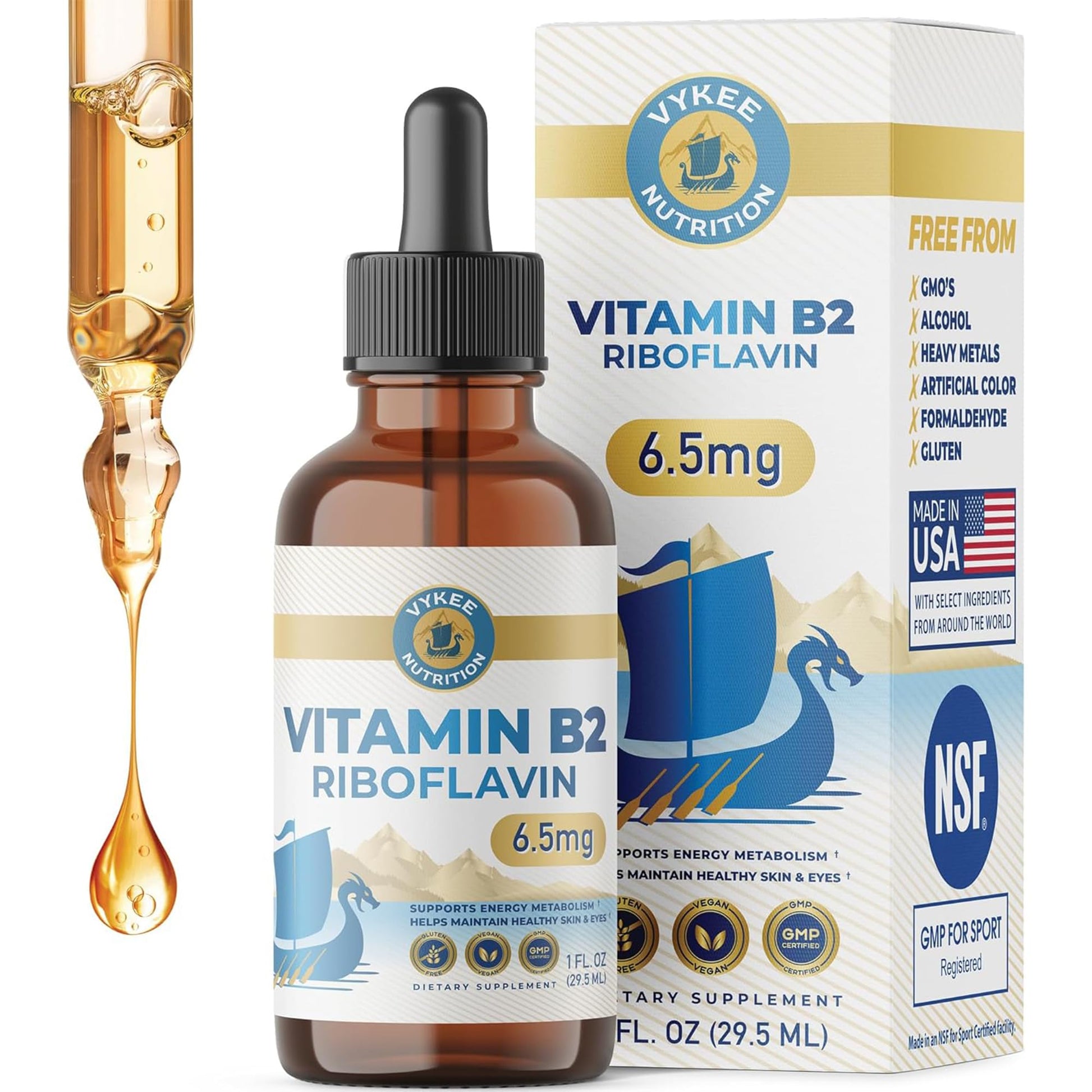 Vykee Nutrition Vitamin B2 Riboflavin Drops - Liquid B2 Supplement for Energy Metabolism, Cellular Function and Vision Support - Vegan, Non-GMO, Gluten-Free - Maple Wellness Supplements