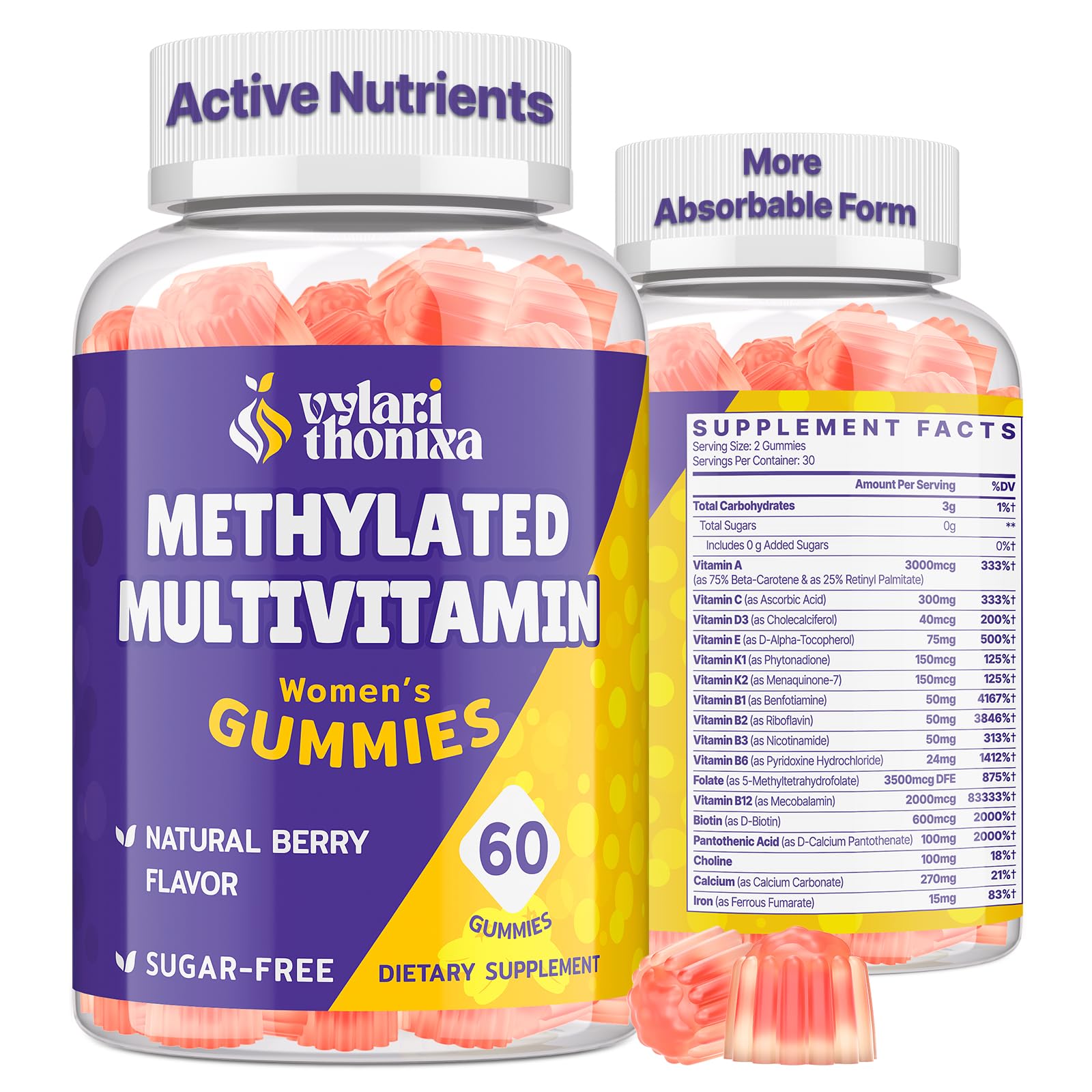 Vylarithonixa Methylated Multivitamin Gummies for Women – MTHFR Supplement Contains Methylfolate, Methylated B12, TMG & Vitamins A C E K – Energy, Immune & Skin Support - Maple Wellness Supplements