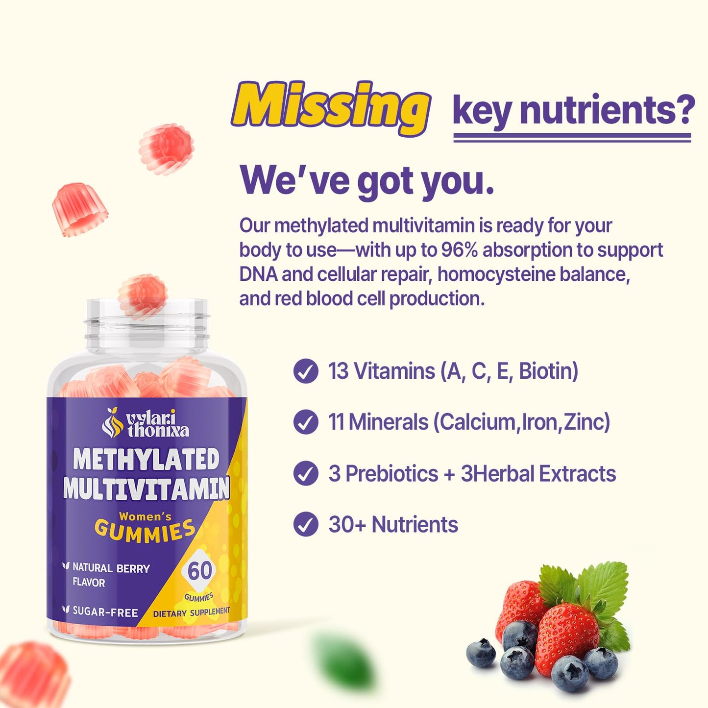 Vylarithonixa Methylated Multivitamin Gummies for Women – MTHFR Supplement Contains Methylfolate, Methylated B12, TMG & Vitamins A C E K – Energy, Immune & Skin Support - Maple Wellness Supplements