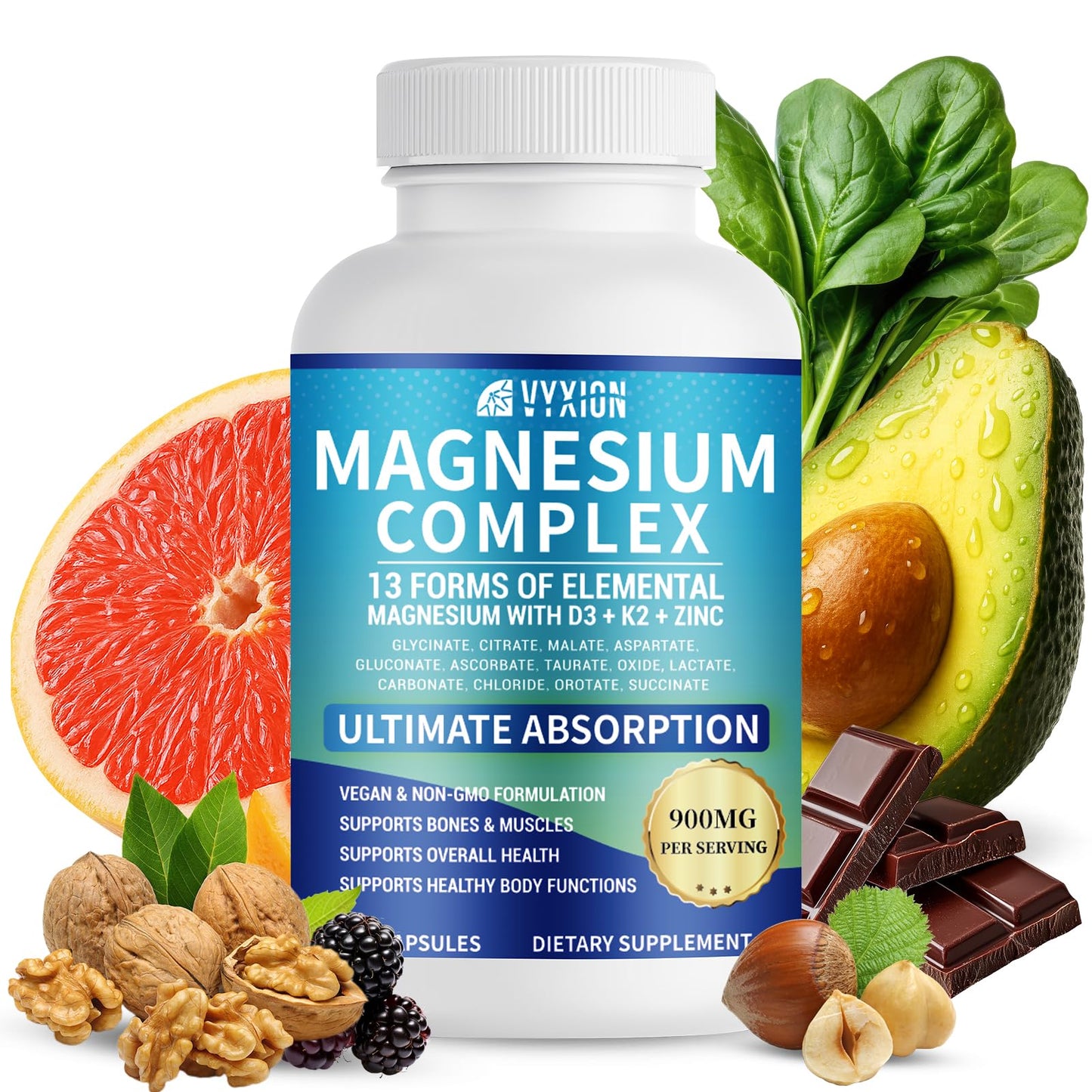 VYXION Magnesium Complex 900mg per Serving – High Absorption Magnesium Glycinate with Vitamin D3 K2 Zinc & B Vitamins – Sleep, Calm, Muscle & Nerve Support – 90 Capsules - Maple Wellness Supplements