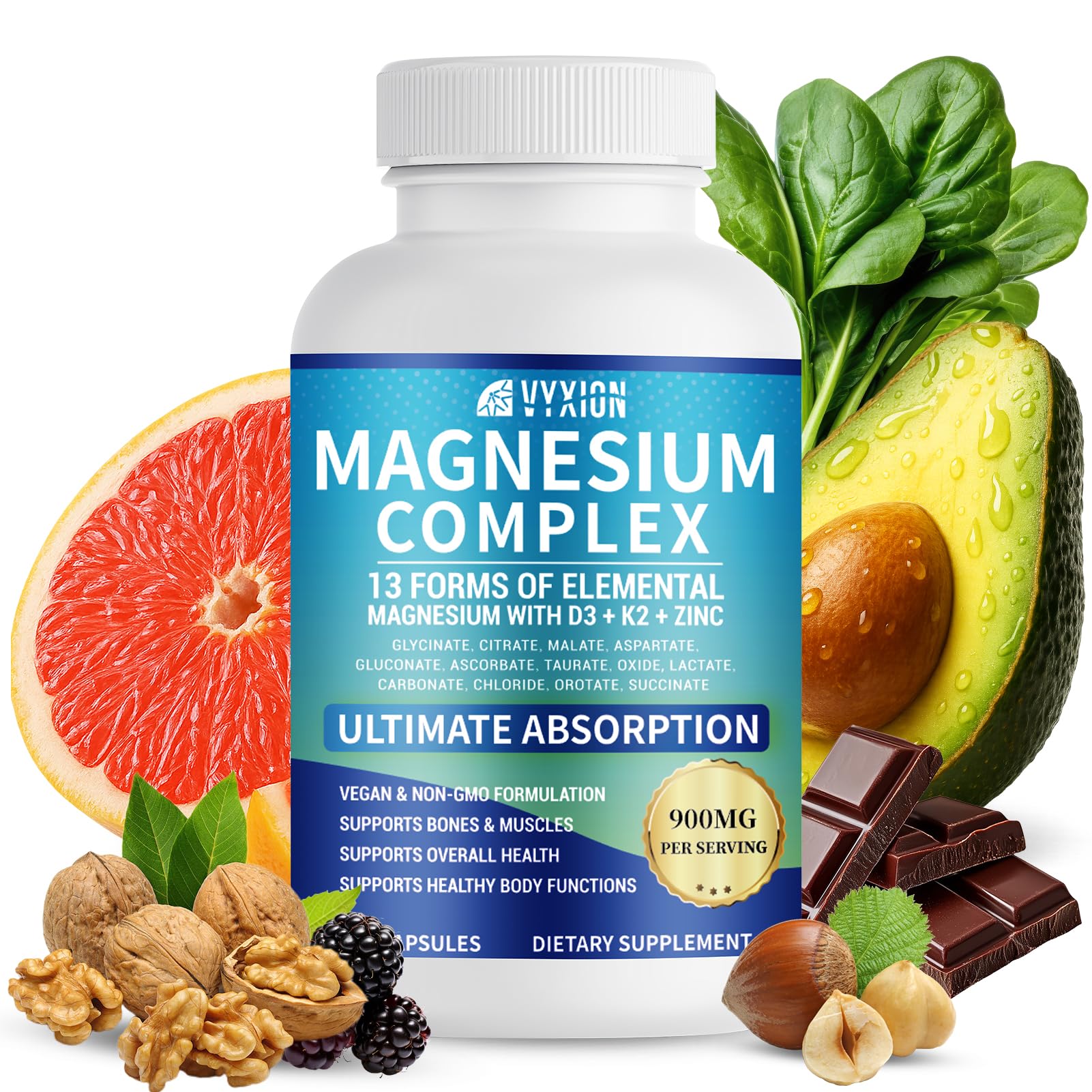 VYXION Magnesium Complex 900mg per Serving – High Absorption Magnesium Glycinate with Vitamin D3 K2 Zinc & B Vitamins – Sleep, Calm, Muscle & Nerve Support – 90 Capsules - Maple Wellness Supplements