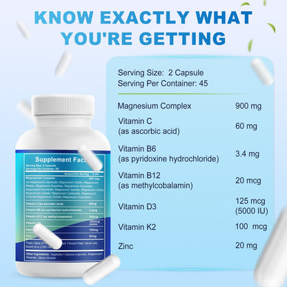 VYXION Magnesium Complex 900mg per Serving – High Absorption Magnesium Glycinate with Vitamin D3 K2 Zinc & B Vitamins – Sleep, Calm, Muscle & Nerve Support – 90 Capsules - Maple Wellness Supplements