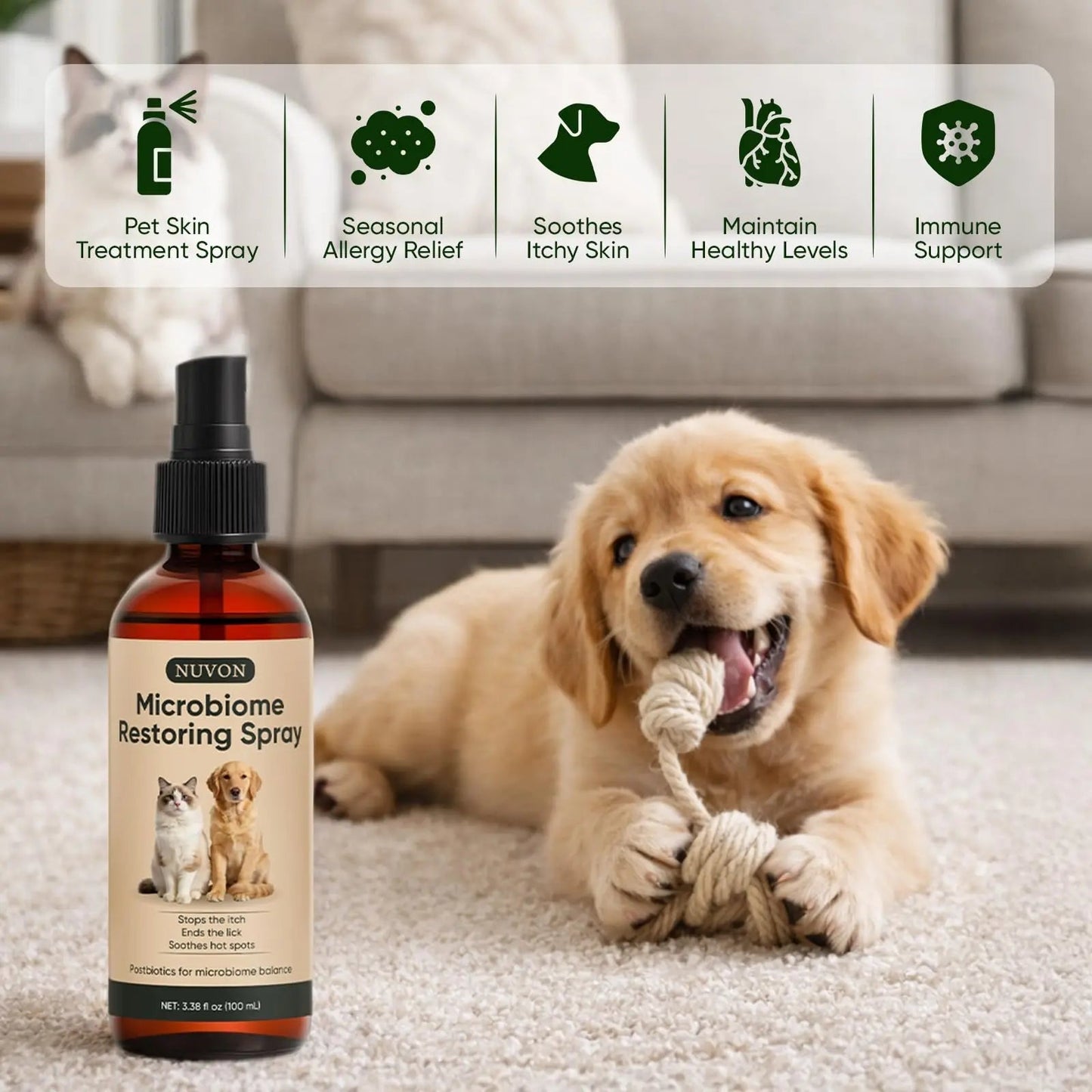 Wanciment NUVON Postbiotic Spray - Hot Spot Treatment for Dogs & Cats - Helps Alleviate Sensitive Skin, Scratching, and Licking of Coat - 3.38 fl oz - Maple Wellness Supplements
