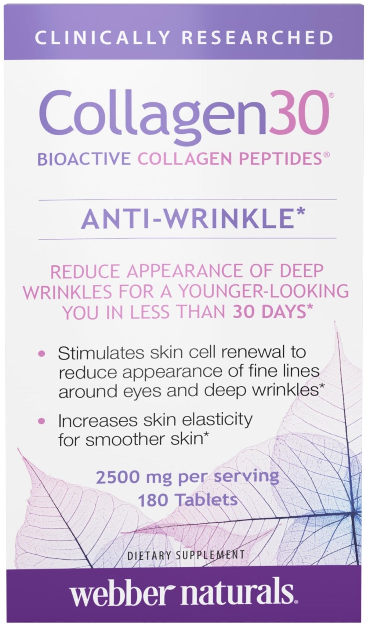 Webber Naturals Collagen 30 Anti-Wrinkle, 2,500mg of Bioactive Collagen Peptides Per Serving (3 Tablets), 180 Tablets, Helps Reduce Deep Wrinkles - Maple Wellness Supplements