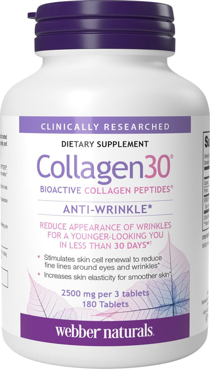 Webber Naturals Collagen 30 Anti-Wrinkle, 2,500mg of Bioactive Collagen Peptides Per Serving (3 Tablets), 180 Tablets, Helps Reduce Deep Wrinkles - Maple Wellness Supplements