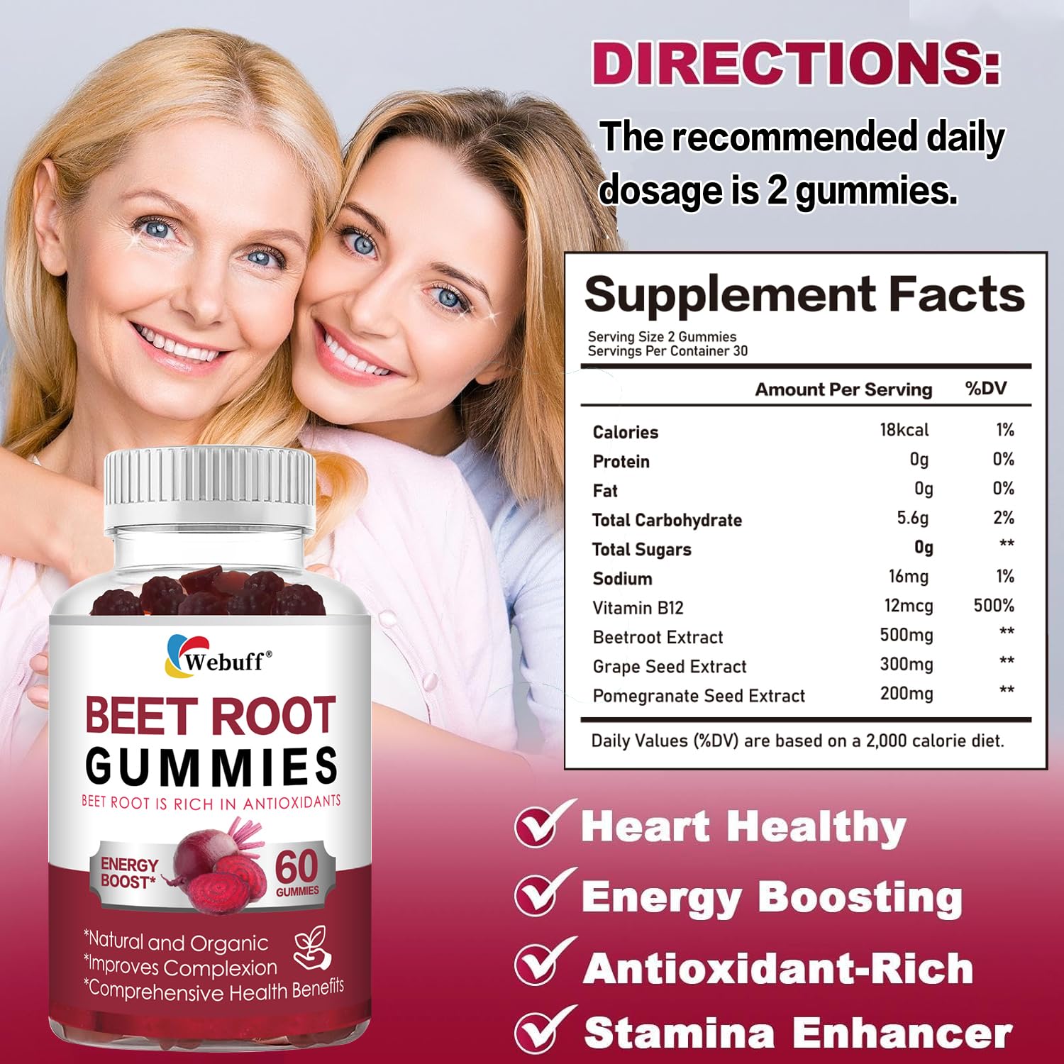 Webuff Beet Root Gummies - Nitric Oxide Booster with Organic Beet, Pomegranate & Grape Seed, Vitamin B12 - Energy, Circulation & Heart Health Support, Vegan, Non-GMO, 60 Count (Pack of 1) - Maple Wellness Supplements
