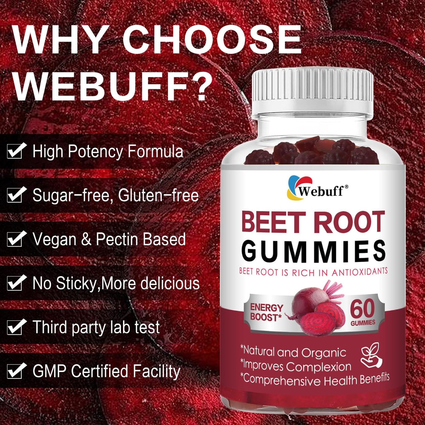 Webuff Beet Root Gummies - Nitric Oxide Booster with Organic Beet, Pomegranate & Grape Seed, Vitamin B12 - Energy, Circulation & Heart Health Support, Vegan, Non-GMO, 60 Count (Pack of 1) - Maple Wellness Supplements