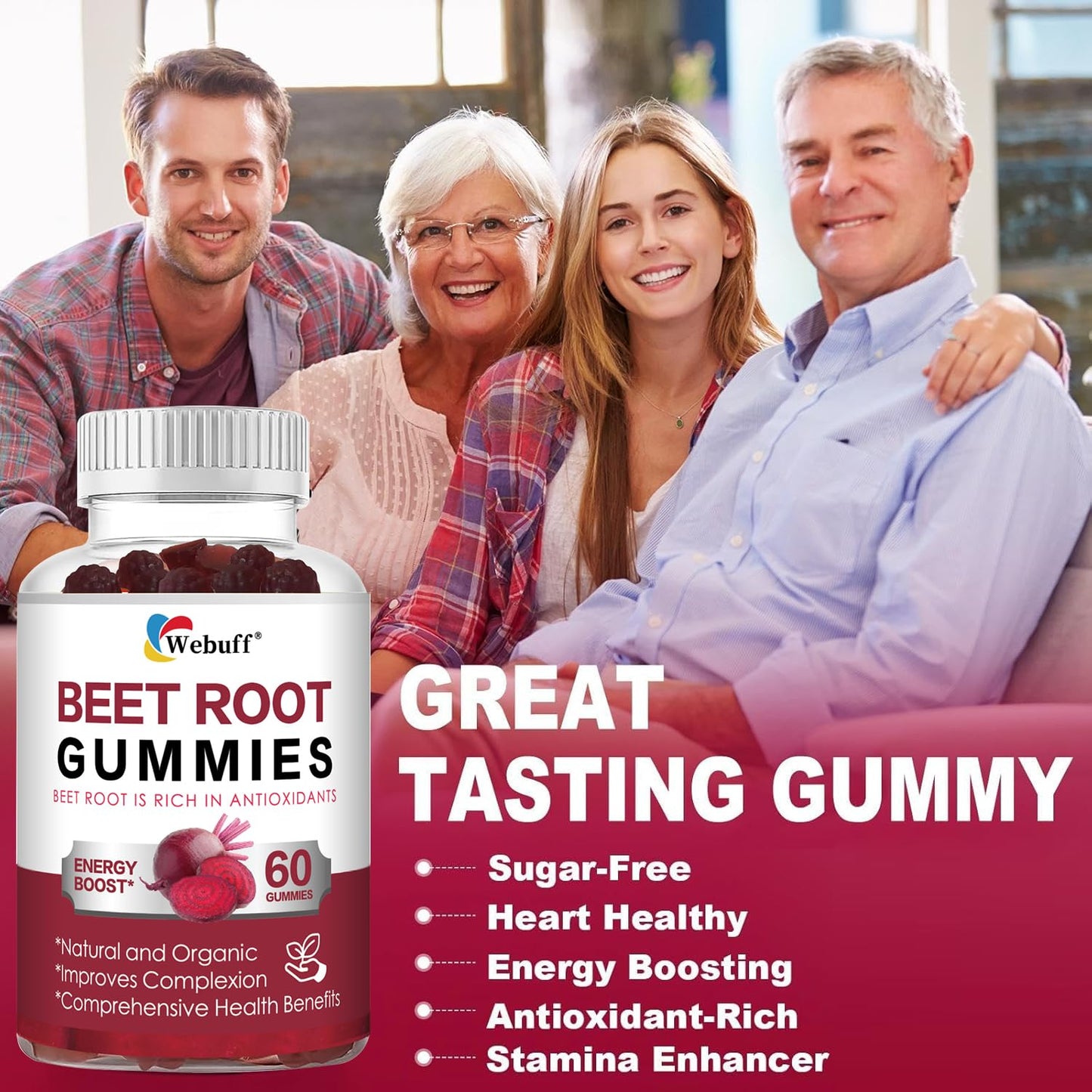 Webuff Beet Root Gummies - Nitric Oxide Booster with Organic Beet, Pomegranate & Grape Seed, Vitamin B12 - Energy, Circulation & Heart Health Support, Vegan, Non-GMO, 60 Count (Pack of 1) - Maple Wellness Supplements
