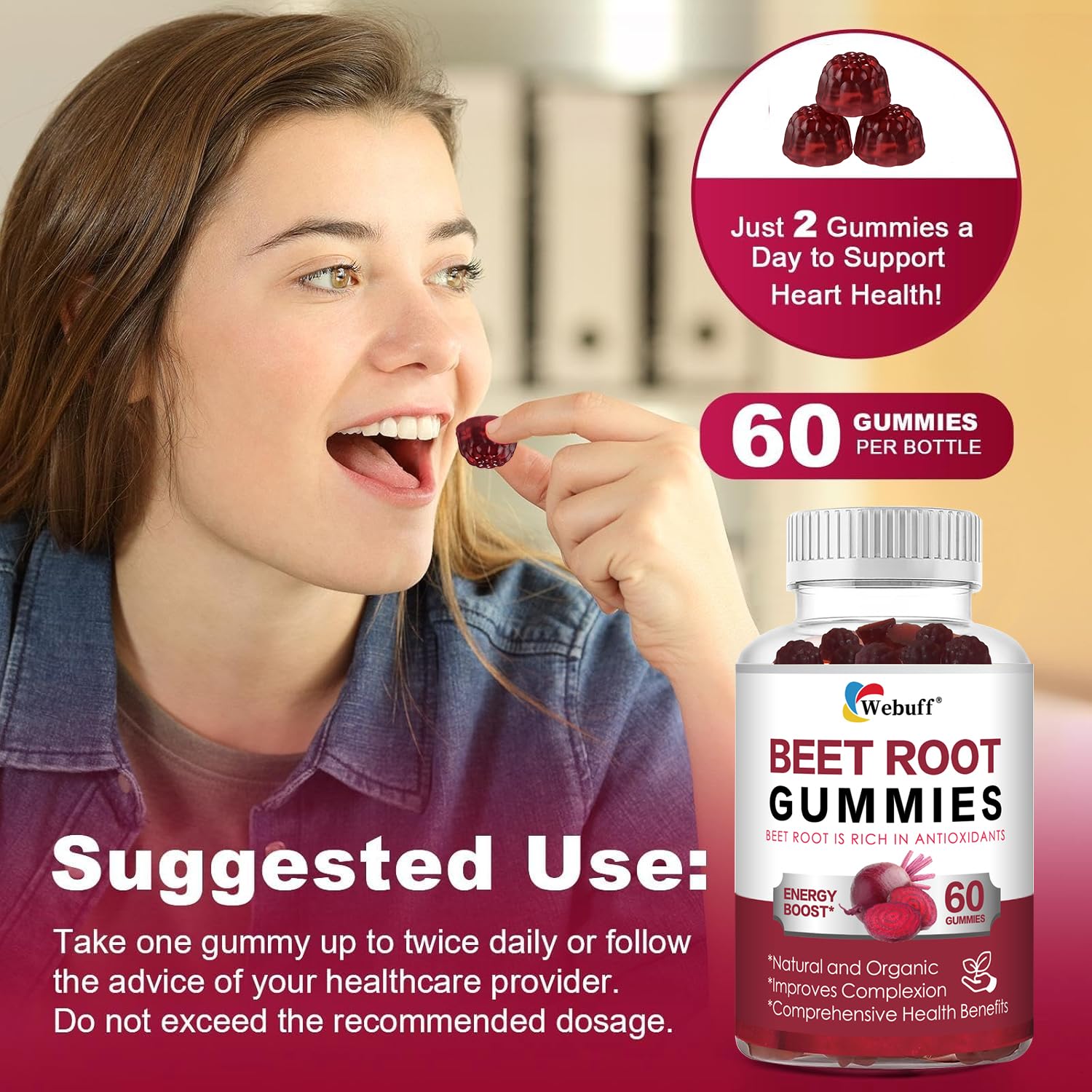 Webuff Beet Root Gummies - Nitric Oxide Booster with Organic Beet, Pomegranate & Grape Seed, Vitamin B12 - Energy, Circulation & Heart Health Support, Vegan, Non-GMO, 60 Count (Pack of 1) - Maple Wellness Supplements