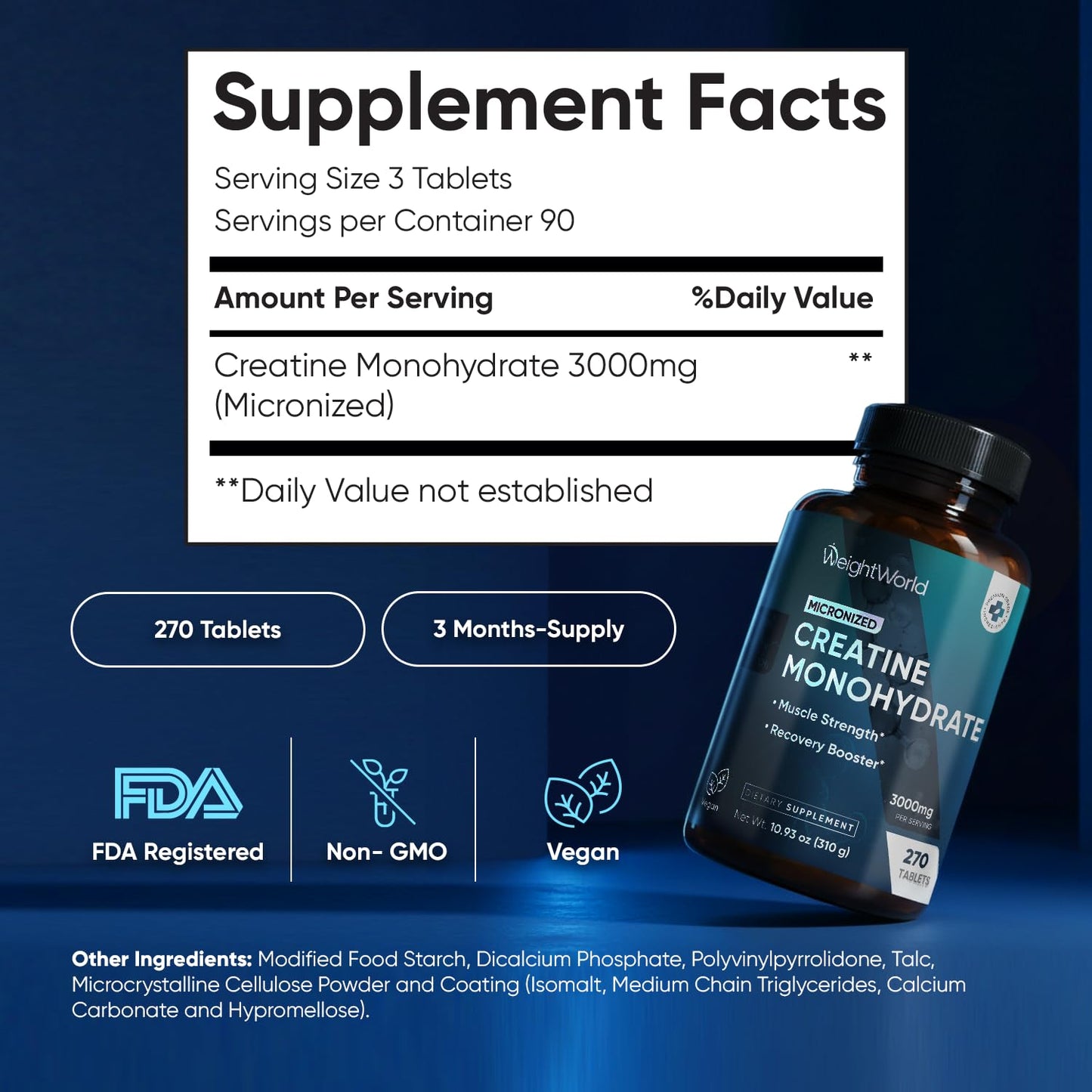 WeightWorld Micronized Creatine Monohydrate 3000mg Tablets - Muscle Growth, Strength, Energy & Recovery | Pre Workout Creatine for Women & Men | 1000mg per Tab - Maple Wellness Supplements