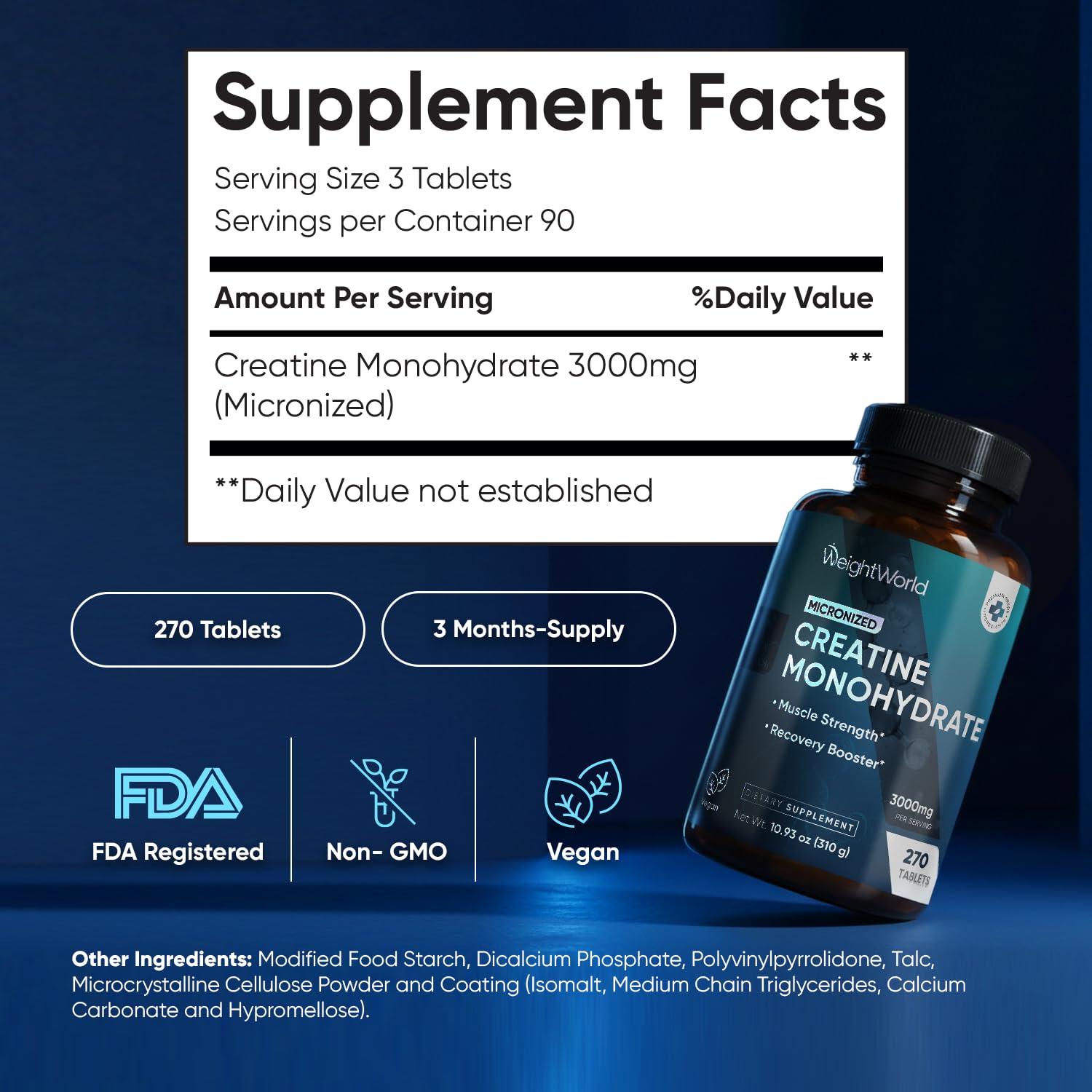 WeightWorld Micronized Creatine Monohydrate 3000mg Tablets - Muscle Growth, Strength, Energy & Recovery | Pre Workout Creatine for Women & Men | 1000mg per Tab - Maple Wellness Supplements