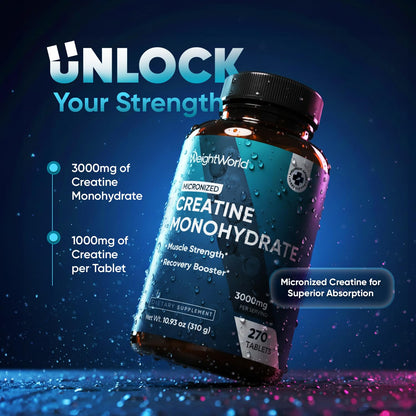 WeightWorld Micronized Creatine Monohydrate 3000mg Tablets - Muscle Growth, Strength, Energy & Recovery | Pre Workout Creatine for Women & Men | 1000mg per Tab - Maple Wellness Supplements