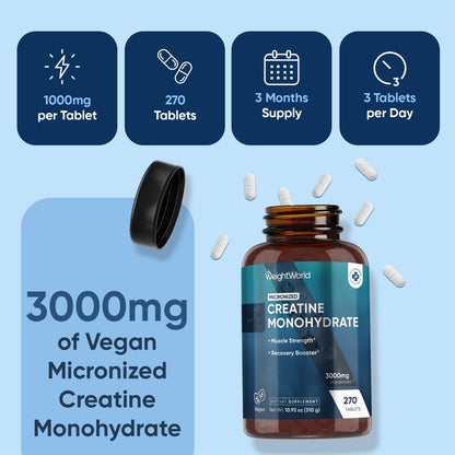 WeightWorld Micronized Creatine Monohydrate 3000mg Vegan Tablets | Muscle Strength & Recovery Booster | 3 Months Supply - 270 Tabs | Creatine for Women & Men | Non-GMO, Gluten-Free | 3 Tablets a Day - Maple Wellness Supplements