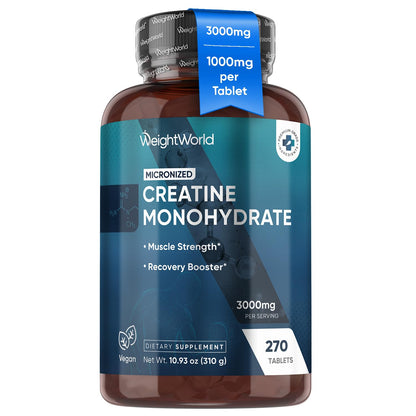 WeightWorld Micronized Creatine Monohydrate 3000mg Vegan Tablets | Muscle Strength & Recovery Booster | 3 Months Supply - 270 Tabs | Creatine for Women & Men | Non-GMO, Gluten-Free | 3 Tablets a Day - Maple Wellness Supplements