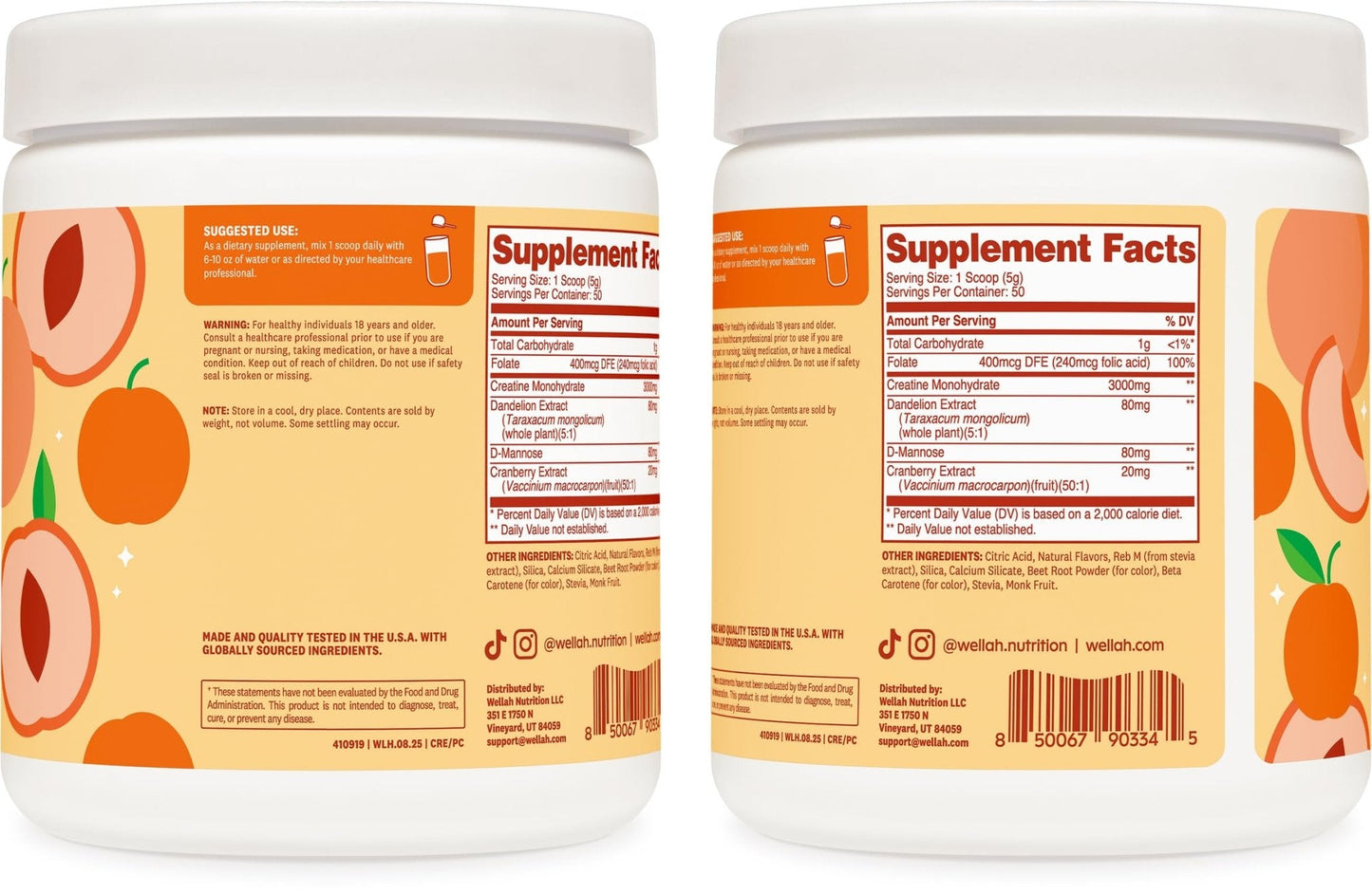 Wellah Creatine for Women - Creatine Monohydrate with Dandelion & Cranberry Extract (50 Servings, Clementine Peach) - Maple Wellness Supplements