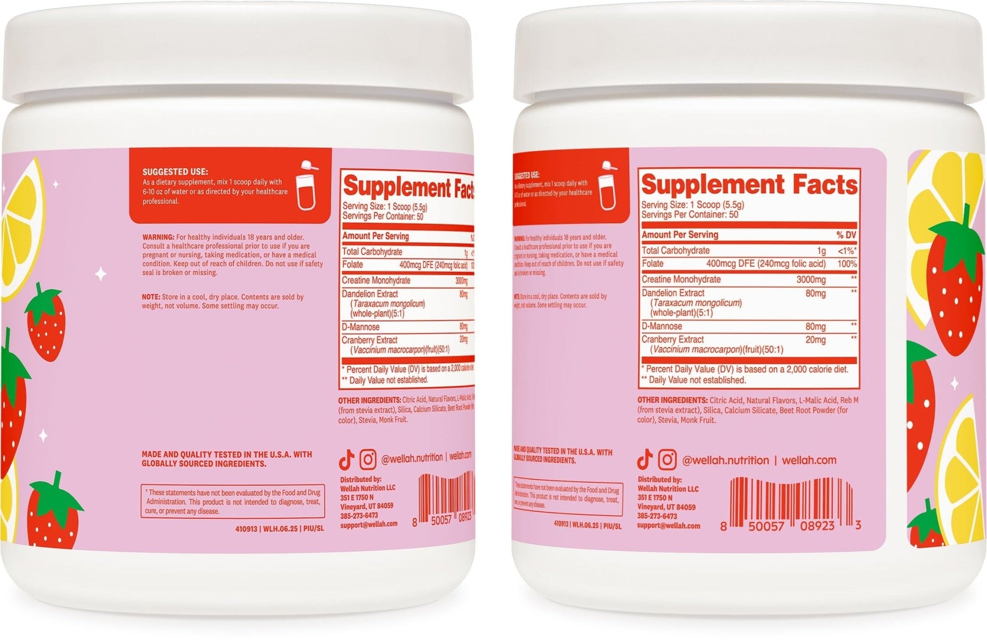 Wellah Creatine for Women - Creatine Monohydrate with Dandelion & Cranberry Extract (50 Servings, Strawberry Lemonade) - Maple Wellness Supplements