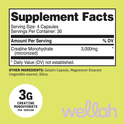 Wellah Creatine Monohydrate Capsules (3000 mg) 120 Capsules - Micronized Creatine, 30 Servings - Maple Wellness Supplements