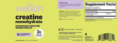 Wellah Creatine Monohydrate Capsules (3000 mg) 120 Capsules - Micronized Creatine, 30 Servings - Maple Wellness Supplements