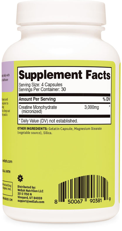 Wellah Creatine Monohydrate Capsules (3000 mg) 120 Capsules - Micronized Creatine, 30 Servings - Maple Wellness Supplements