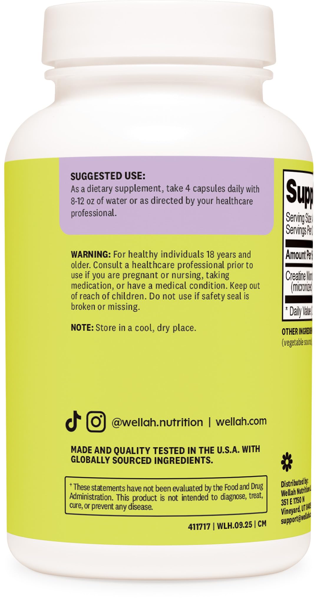 Wellah Creatine Monohydrate Capsules (3000 mg) 120 Capsules - Micronized Creatine, 30 Servings - Maple Wellness Supplements