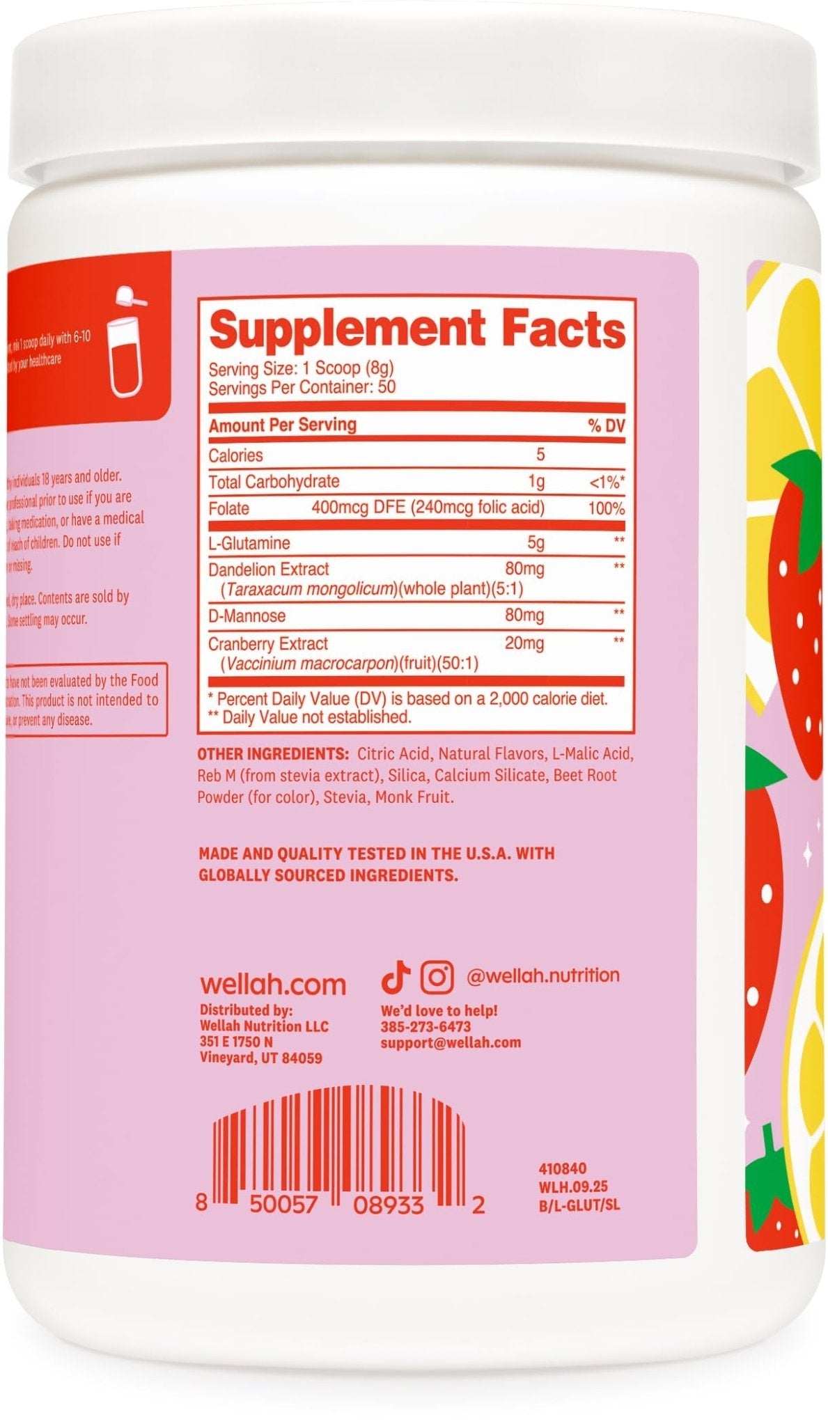 Wellah L-Glutamine Strawberry Lemonade Flavored (50 Servings) - 5g L-Glutamine Per Serving, Sweetened with Stevia - Maple Wellness Supplements