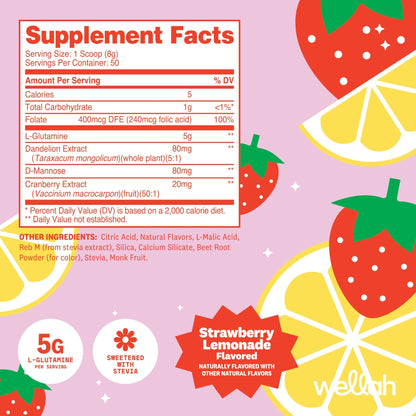 Wellah L-Glutamine Strawberry Lemonade Flavored (50 Servings) - 5g L-Glutamine Per Serving, Sweetened with Stevia - Maple Wellness Supplements