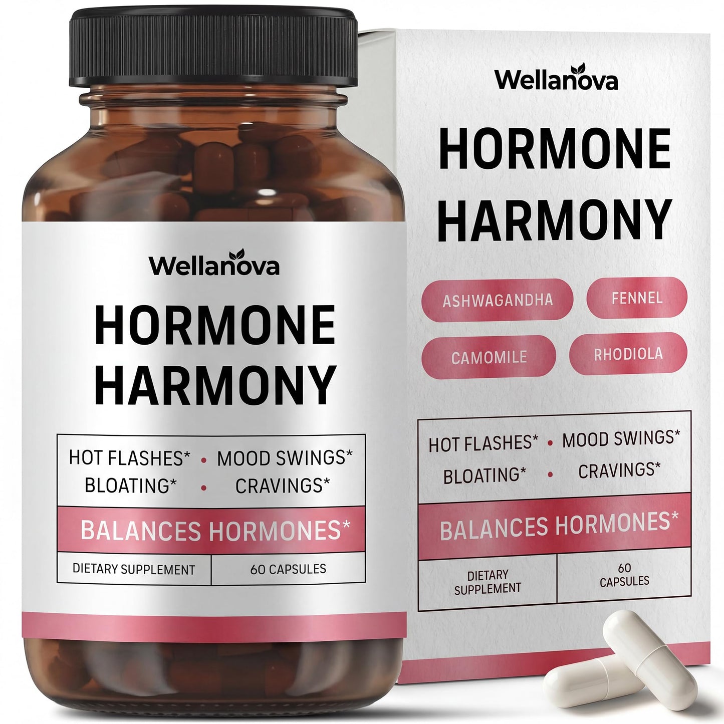 Wellanova Hormone Harmony for Women – Natural Hormonal Balance Support for Menopause & Perimenopause – Hot Flashes, Mood Swings, Cravings, Bloating Relief – 60 Capsules - Maple Wellness Supplements