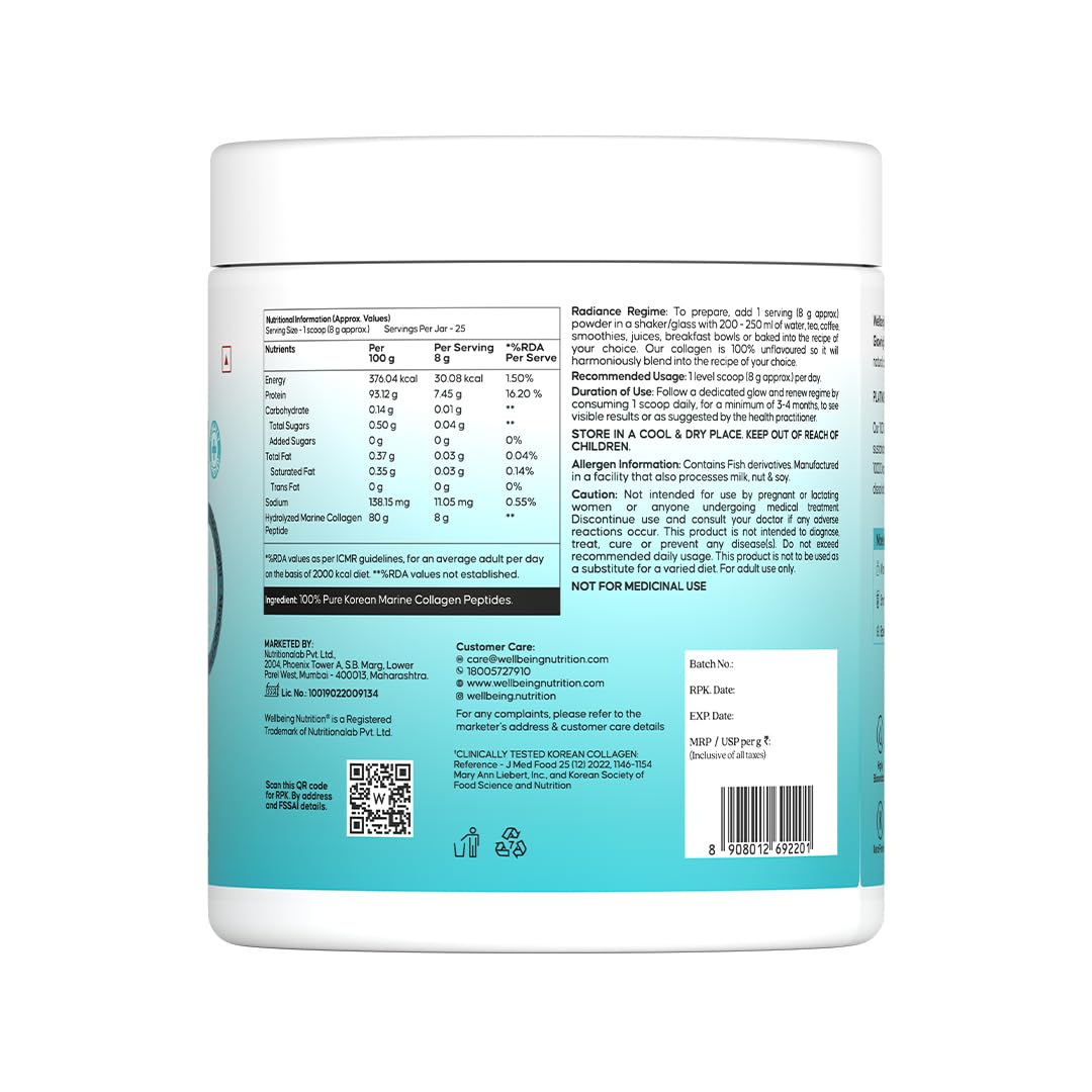 WELLBEING NUTRITION Pure Korean Marine Collagen Supplements for Women & Men, 200g | Hydrolyzed Collagen Powder and Amino Acids | Supports Healthy Skin, Hair, Nails, Bone & Joint | Unflavored - Maple Wellness Supplements