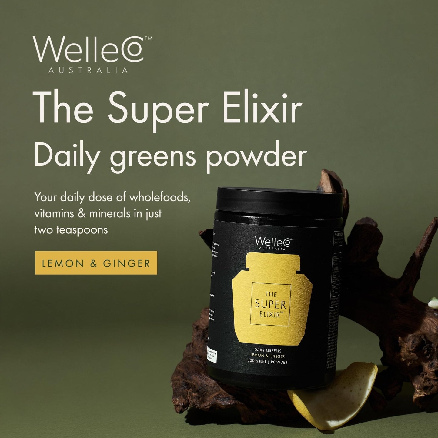 WelleCo The Super Elixir Daily Greens Powder, Probiotic Drink Mix with Whole Foods, Gluten Free, Vegan Gut Health Powder, Energy, Immunity, Healthy Skin, Hair & Nails (300g, Lemon Ginger) - Maple Wellness Supplements