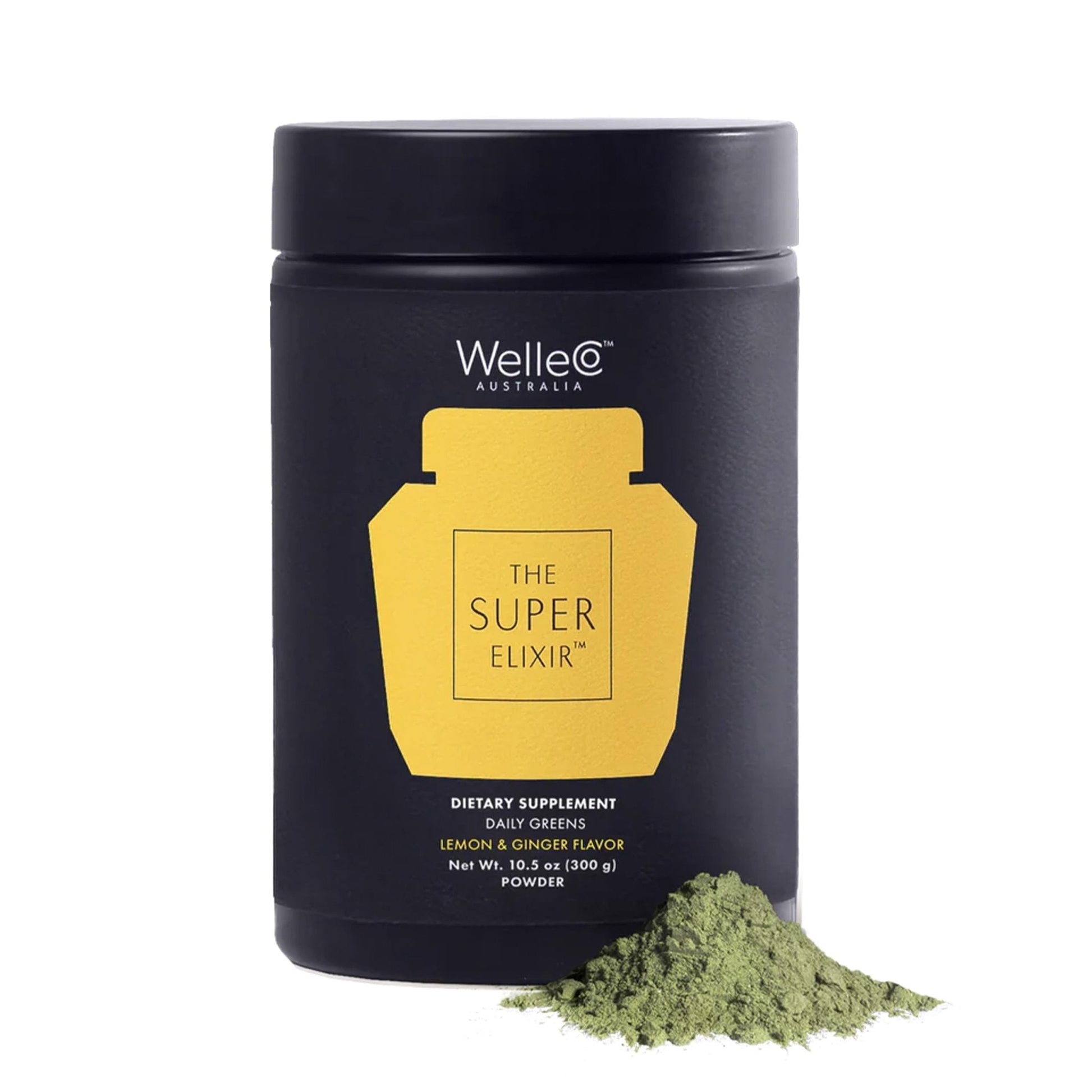 WelleCo The Super Elixir Daily Greens Powder, Probiotic Drink Mix with Whole Foods, Gluten Free, Vegan Gut Health Powder, Energy, Immunity, Healthy Skin, Hair & Nails (300g, Lemon Ginger) - Maple Wellness Supplements