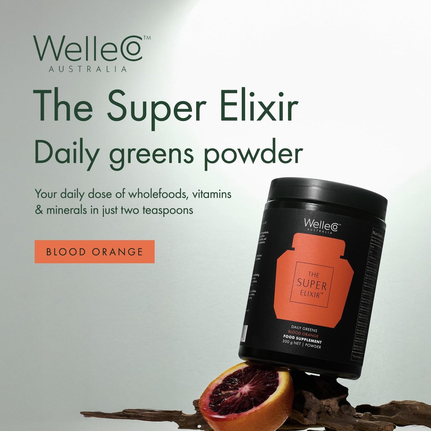 WelleCo The Super Elixir Daily Greens Powder, Probiotic Drink Mix with Whole Foods, Gluten Free, Vegan Gut Health Powder, Energy, Immunity, Healthy Skin, Hair & Nails (Jar, Blood Orange) - Maple Wellness Supplements