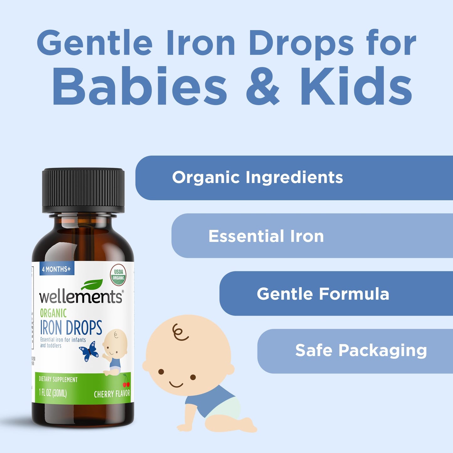 Wellements Organic Iron Drops for Newborn+ Babies (1 Fl Oz) - Cherry Flavor Liquid Iron Supplement for Infants - Toddler Iron Supplement for Kids (4months+ to 3 Years) - Maple Wellness Supplements