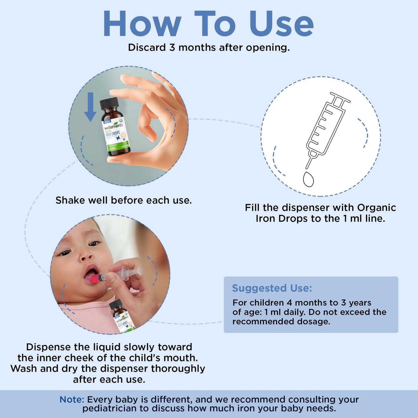 Wellements Organic Iron Drops for Newborn+ Babies (1 Fl Oz) - Cherry Flavor Liquid Iron Supplement for Infants - Toddler Iron Supplement for Kids (4months+ to 3 Years) - Maple Wellness Supplements